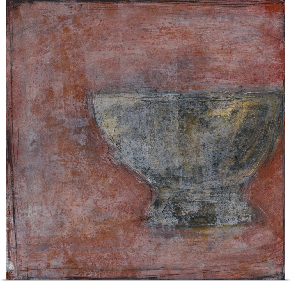Still life painting of a bowl on red background with an aged texture overlay.