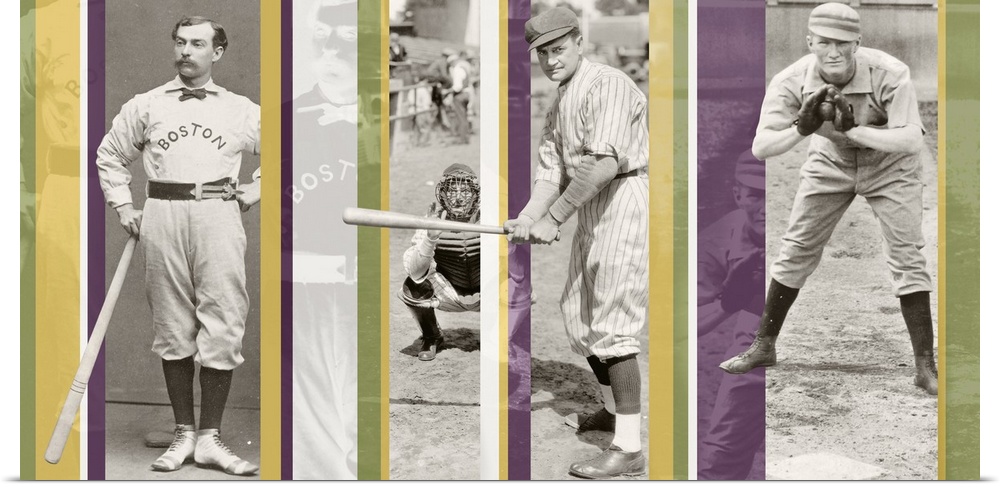 A composite of vintage photos of baseball players with color stripes overlaying.