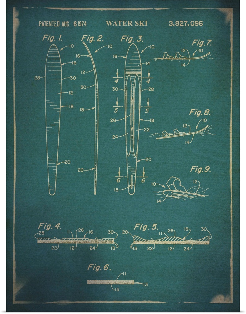 Blueprint diagram depicting the parts of a water ski.