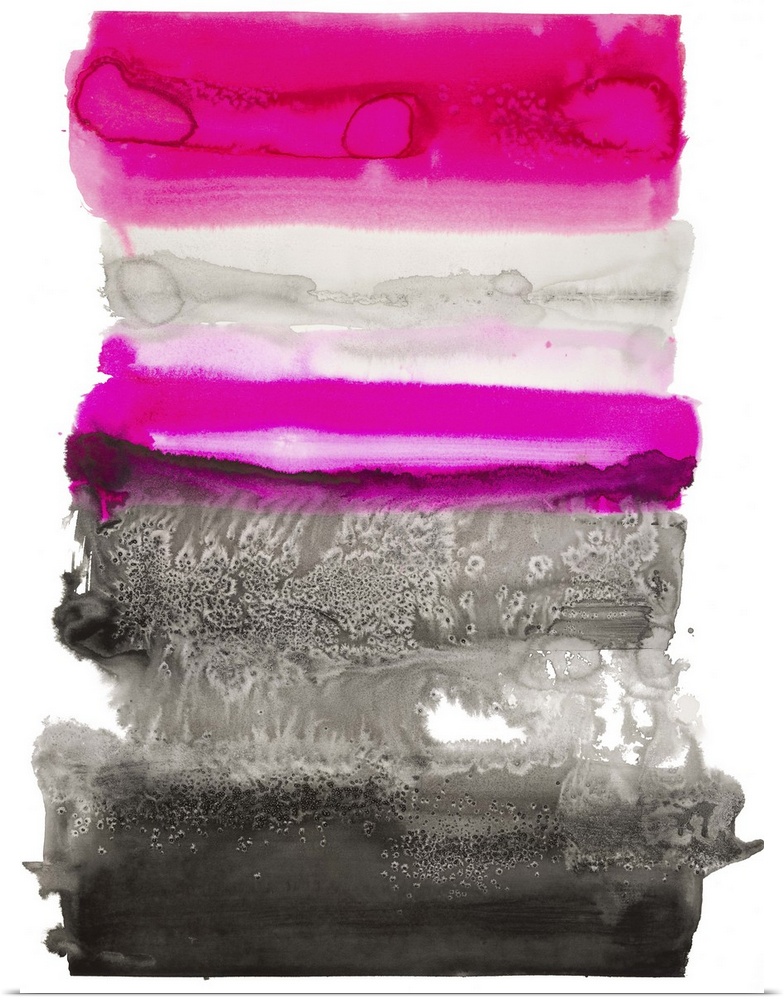 Bright pink, grey, and black watercolor painting created in layered horizontal sections on a white background.