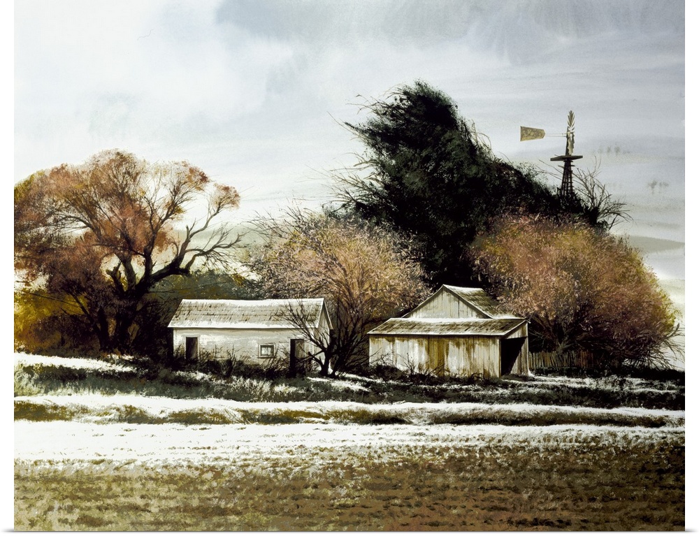 Contemporary painting of a rural landscape with white barns and a snow covered field.