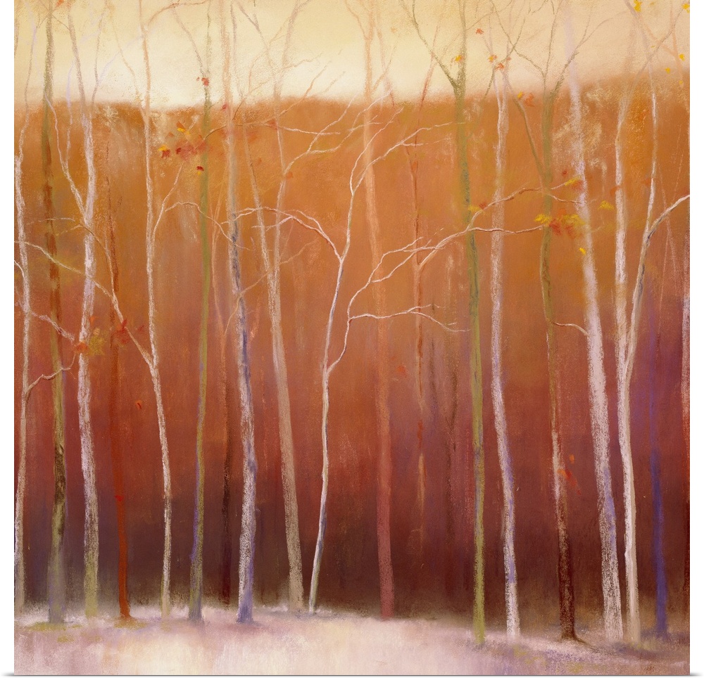 Square painting on canvas of bare trees in winter.