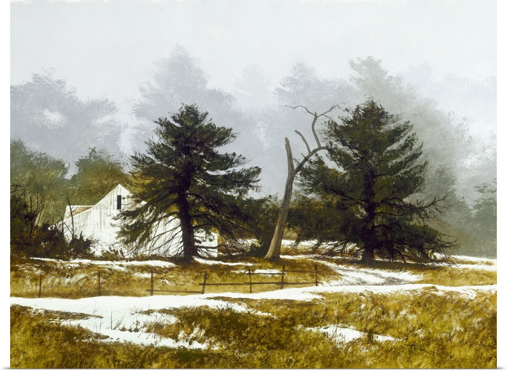 Contemporary painting of a white barn on the countryside with remnants of snow on the ground.
