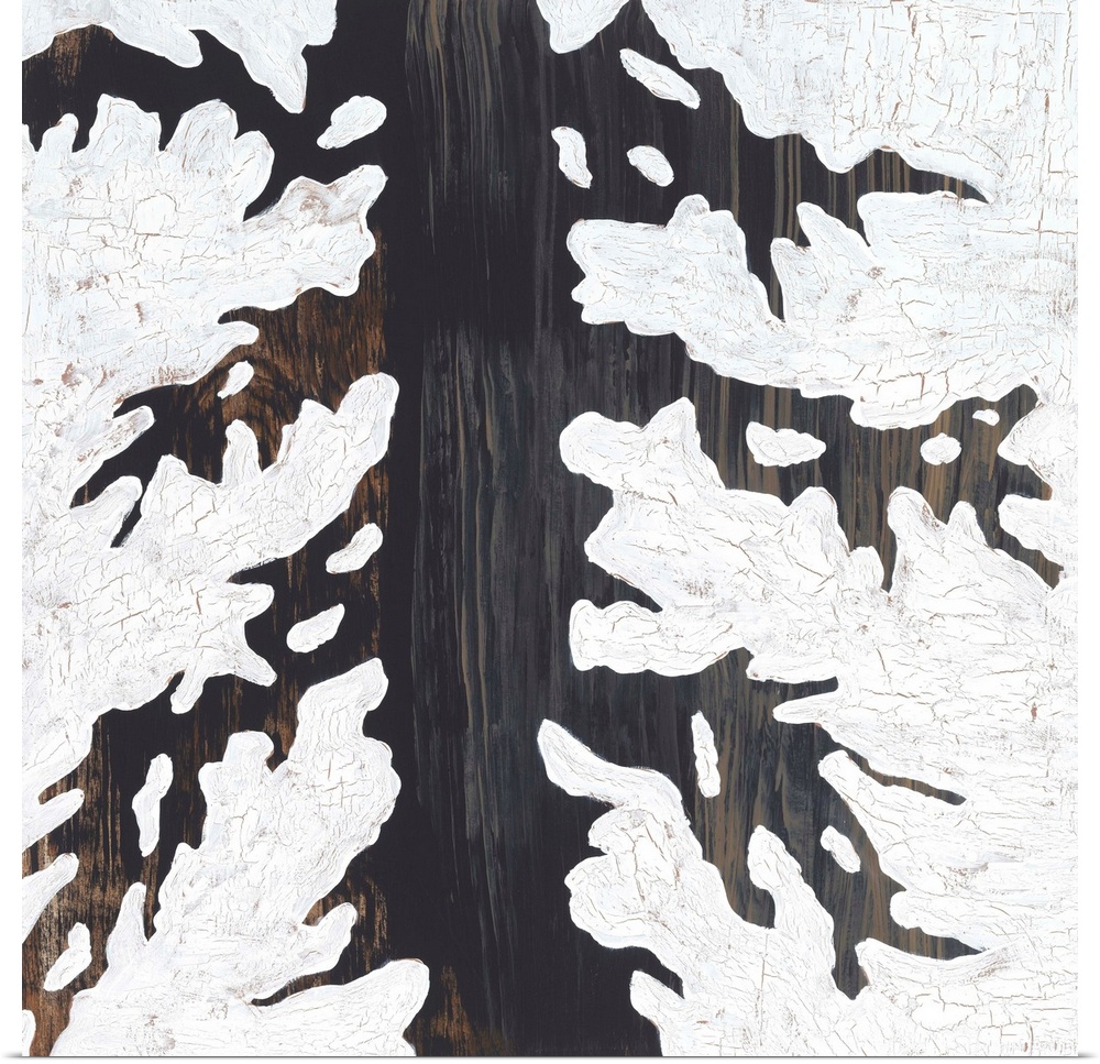 A contemporary abstract painting using wood tones in the formation of a tree with spindly branches against an off-white ba...