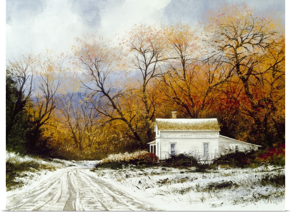 Contemporary painting of a snow covered road leading to a white Victorian house.