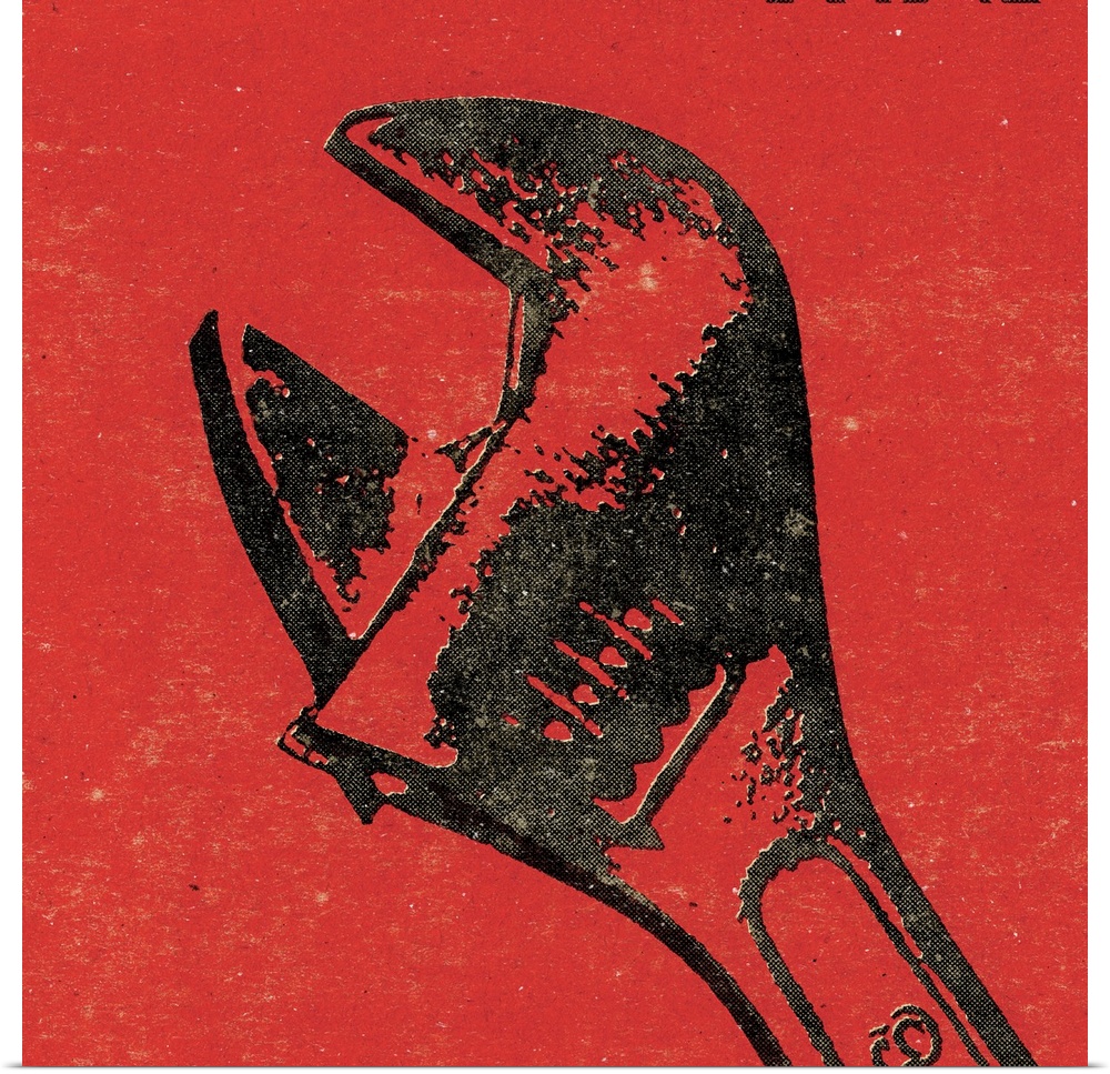 Square art of a wrench on a red background.