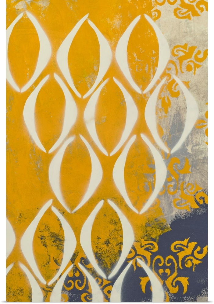 Contemporary abstract painting created with grey and mustard yellow hues and repeating shapes.