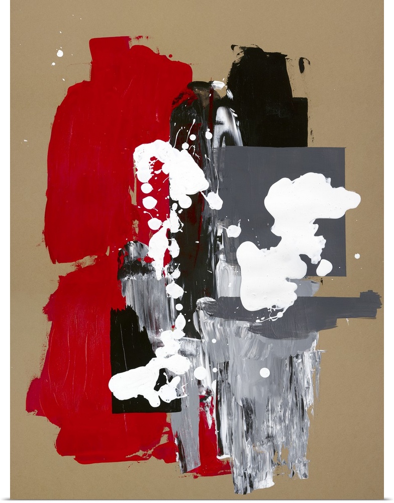 Large abstract painting in beige, black, white, red, and grey.