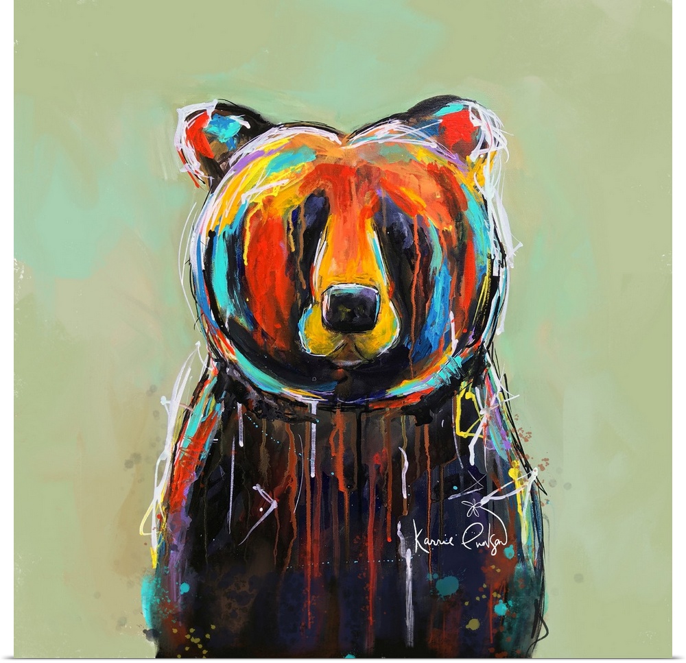 A contemporary painting of a colorful bear with accents shades of yellow, red and blue.