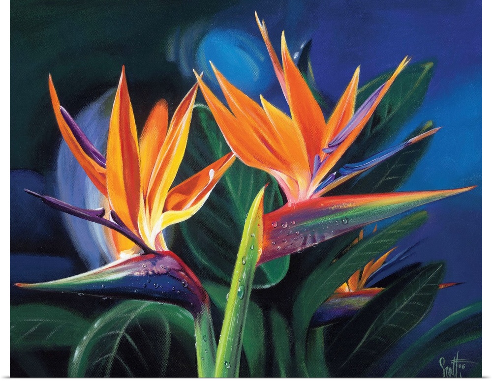 Wall docor of tropical flowers with vegetation in the background on canvas.