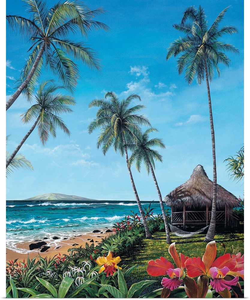 This is a vertical landscape painting of a straw roof hut and hammock slung between palm trees next to tropical beach with...