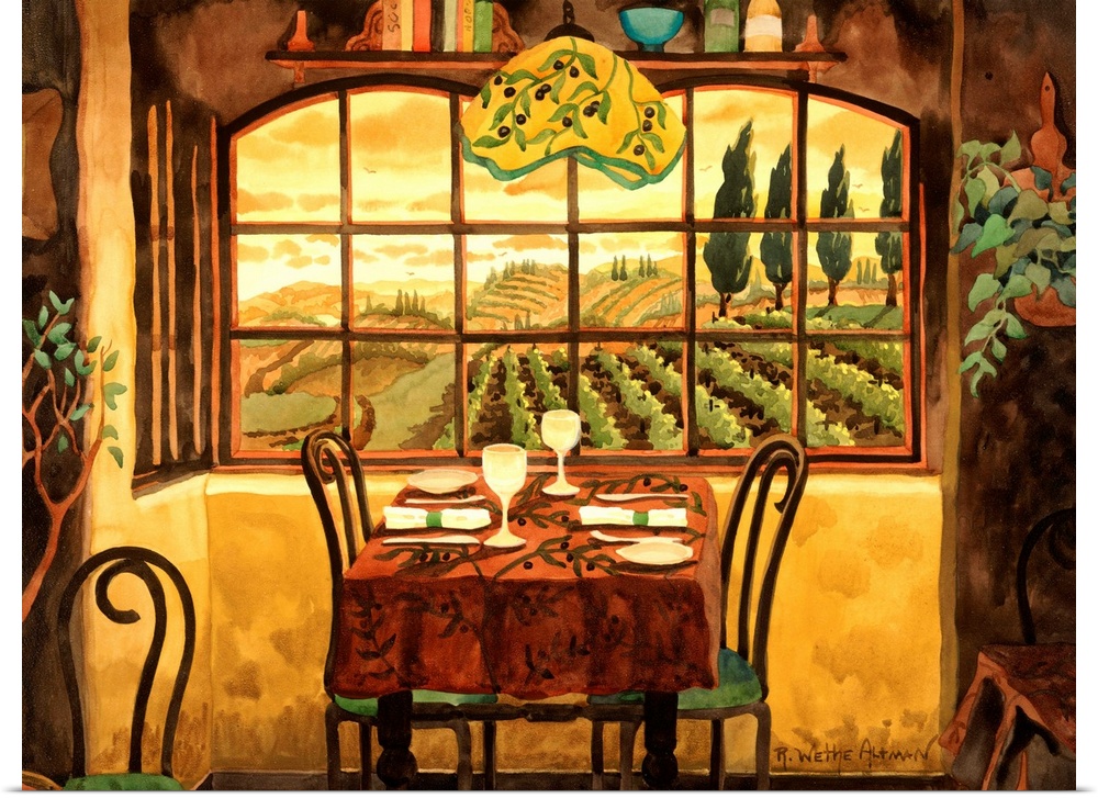 Painting of a table set for dinner inside a house by a window looking out over farmland. Warm, relaxing colors and tones d...