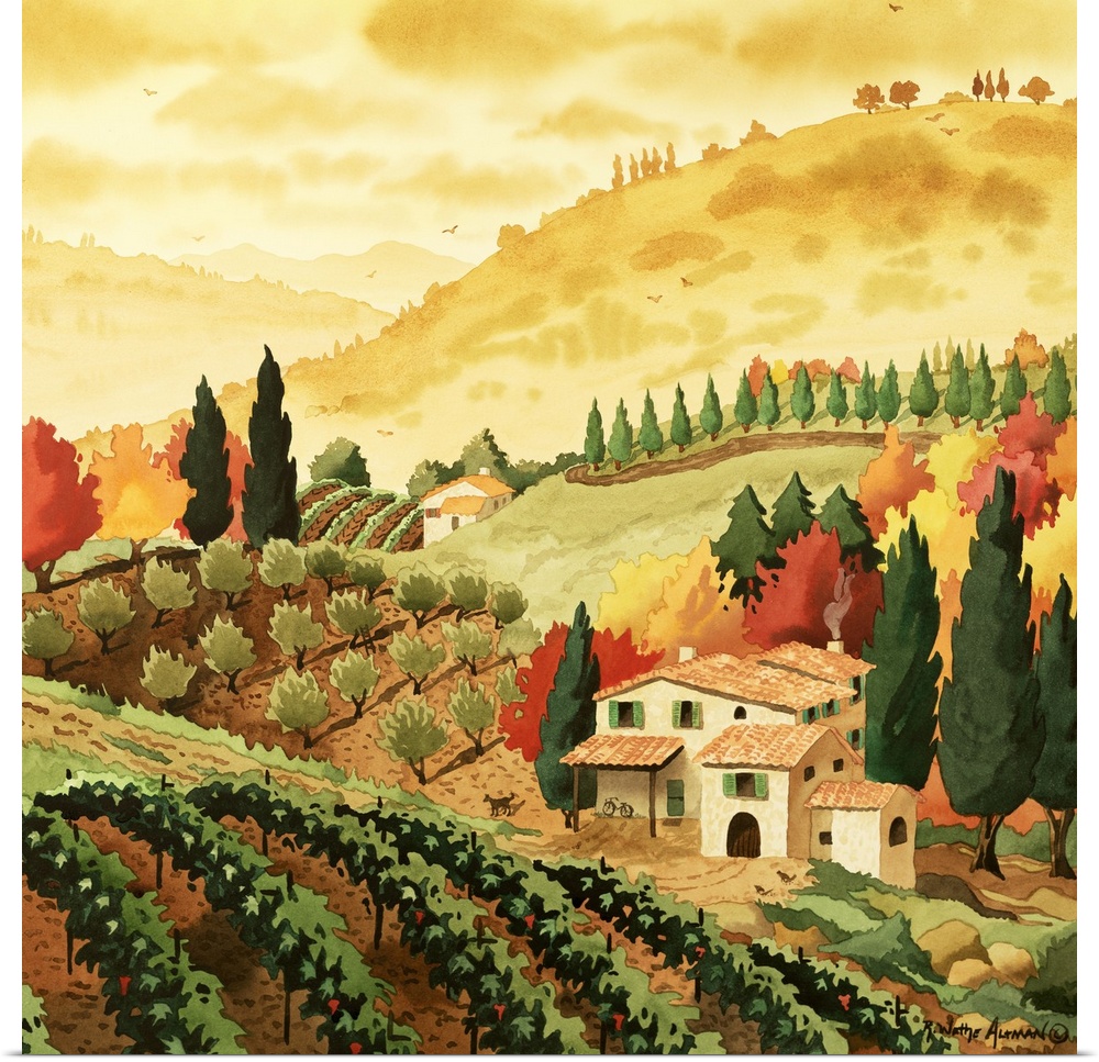 This square shaped decorative art is a contemporary, landscape painting showing a small villa nestled in the hills amongst...