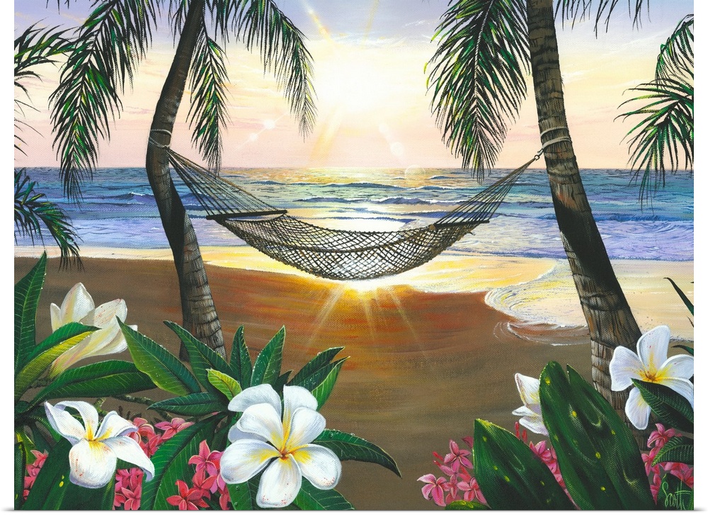 This is a landscape painting of plumeria blossoms, a hammock hanging between two palm trees, and the sun setting on the ho...