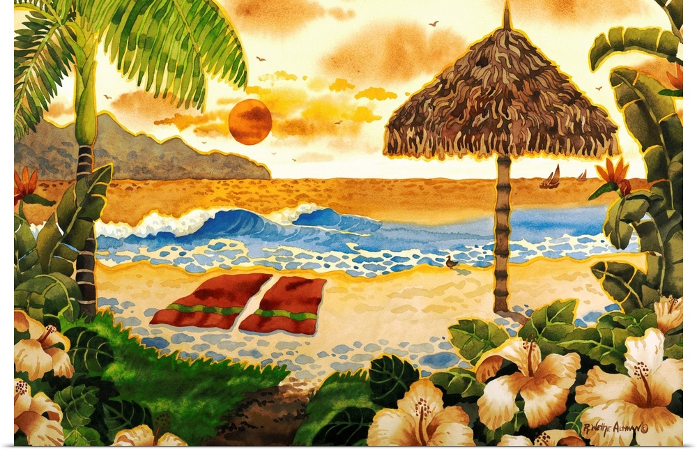 Watercolor painting of a tropical beach scene, with hibiscus flowers, a raffia parasol, and ocean waves.
