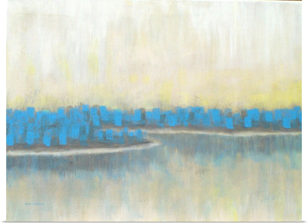 Abstract landscape painting of a lake lined with blue trees.