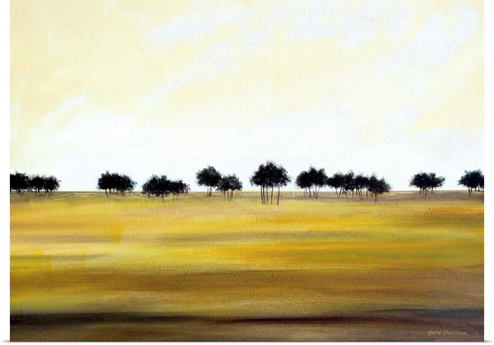 Contemporary minimalist painting of a row of dark trees in the distance and golden fields in the foreground.