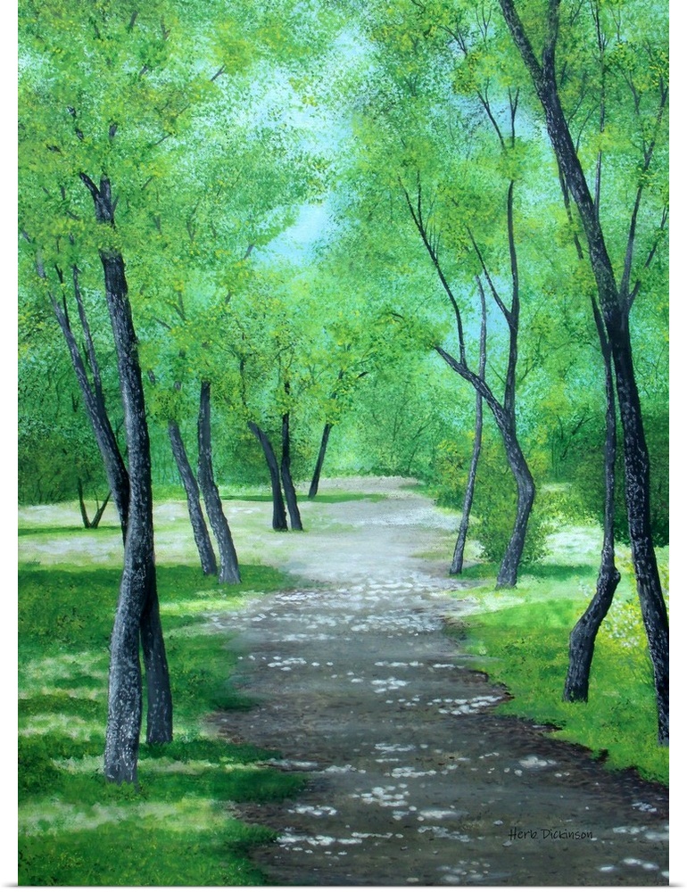Landscape painting of a path leading through a park filled with lush green trees in Asheville, NC.