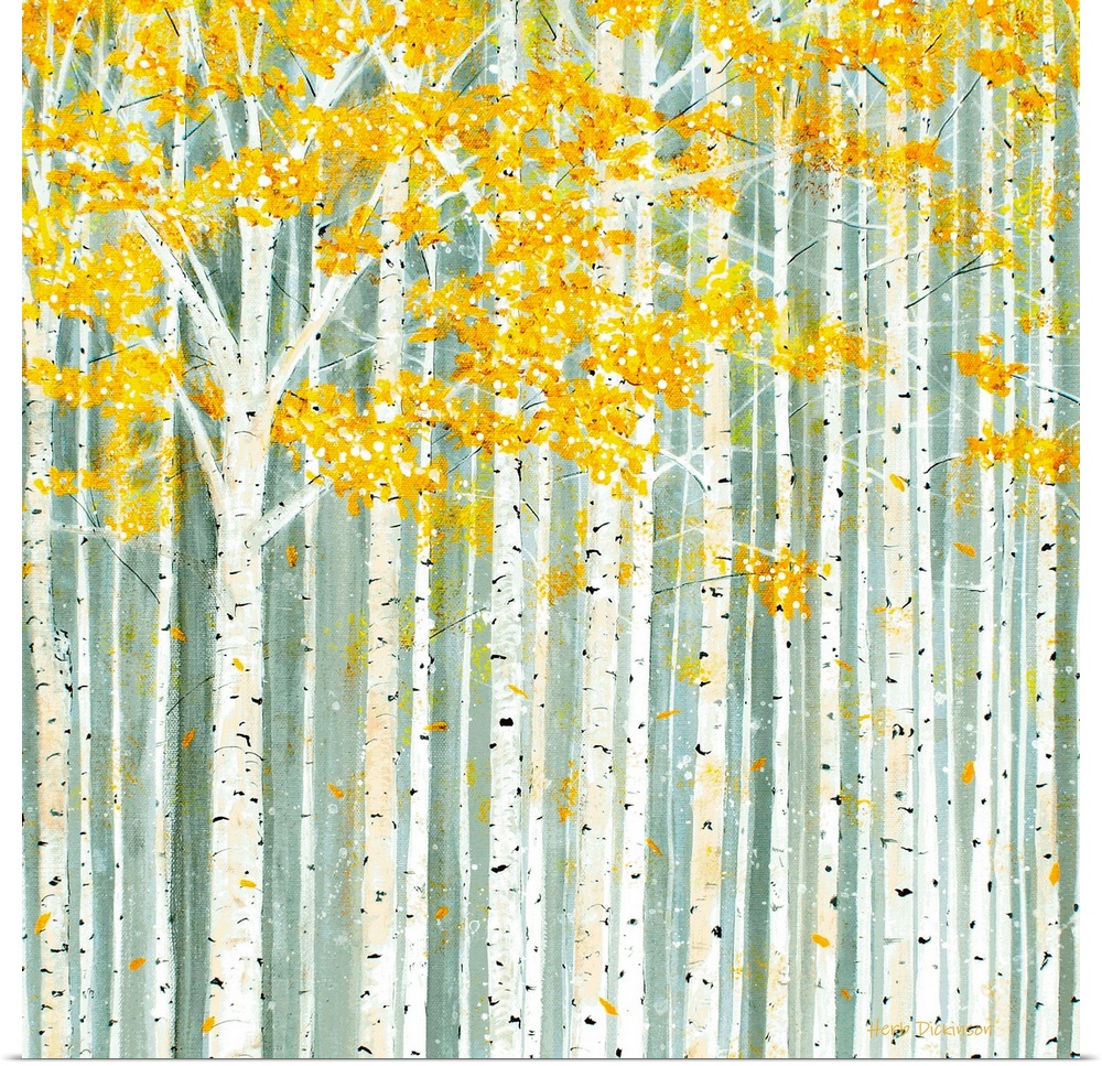 Square painting covered in Aspen trees with yellow Autumn leaves.