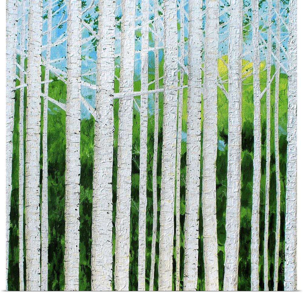 Square painting of textured Birch tree trunks and branches with a green and blue background.