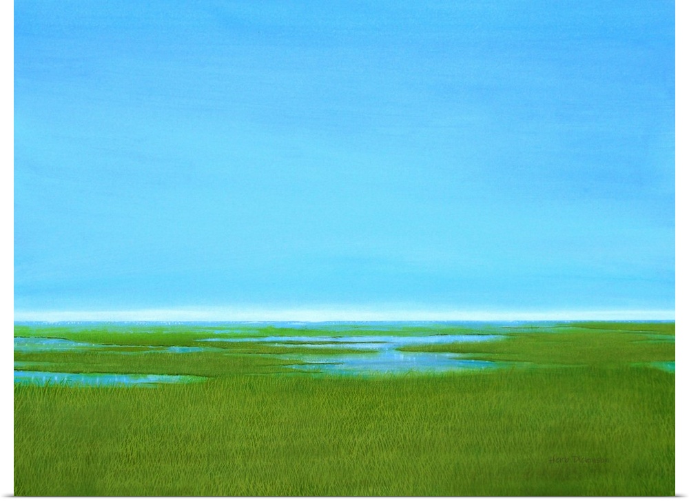 Contemporary painting of a marsh landscape with clear blue skies above.