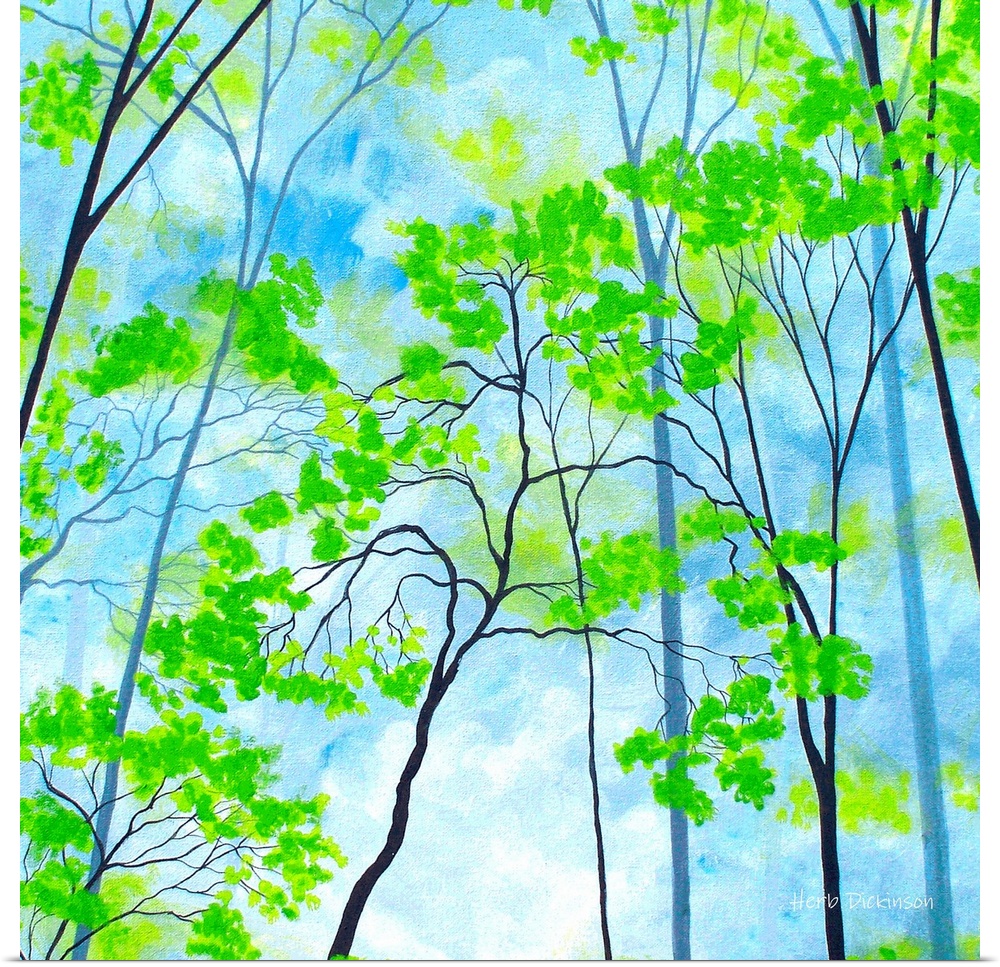 Square painting with bright green tree tops on a cloudy blue background.