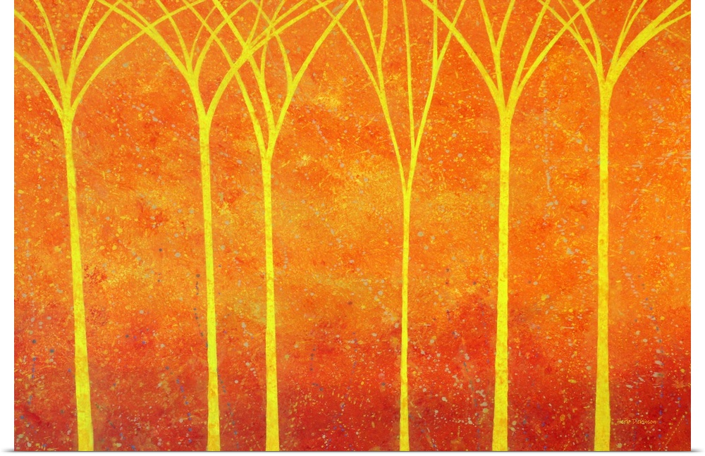 Warm landscape with bright yellow trees on an orange and red background with faint paint splatter.