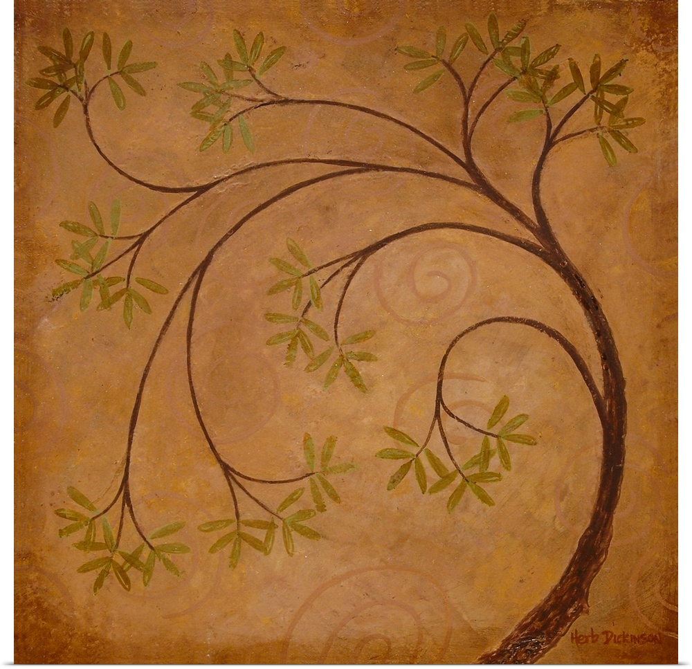 Square painting of a loose tree with green leaves on a brownish orange background.