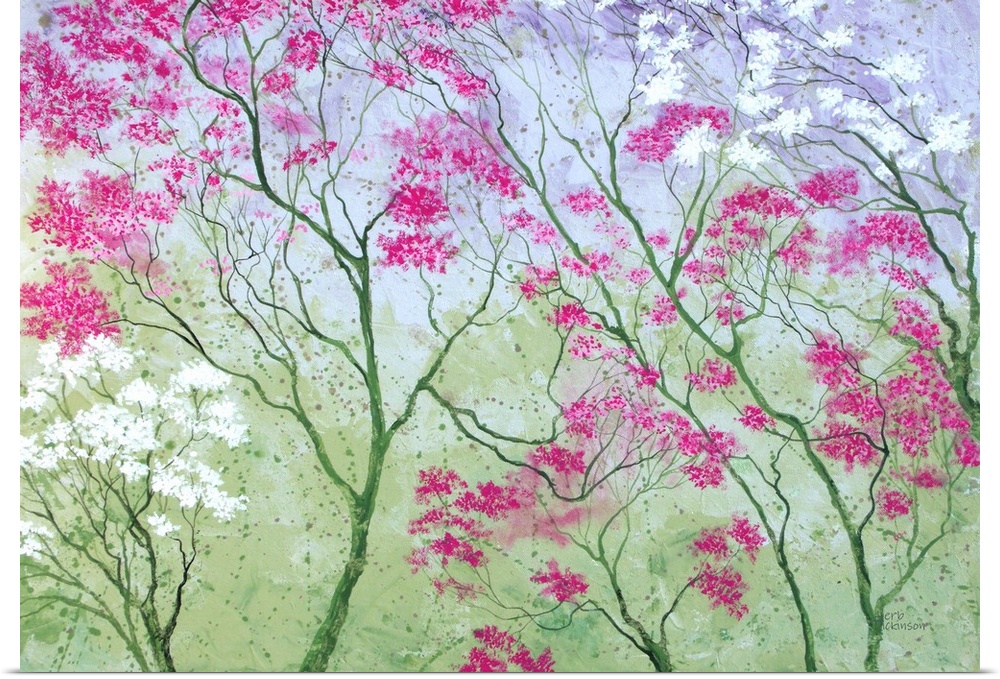 Colorful painting of tree tops with pink, purple, and white blossoms on a green background.