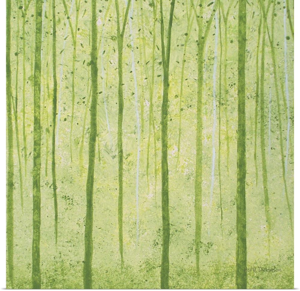 Abstract landscape of tall, skinny tree trunks and falling leaves in shades of green.