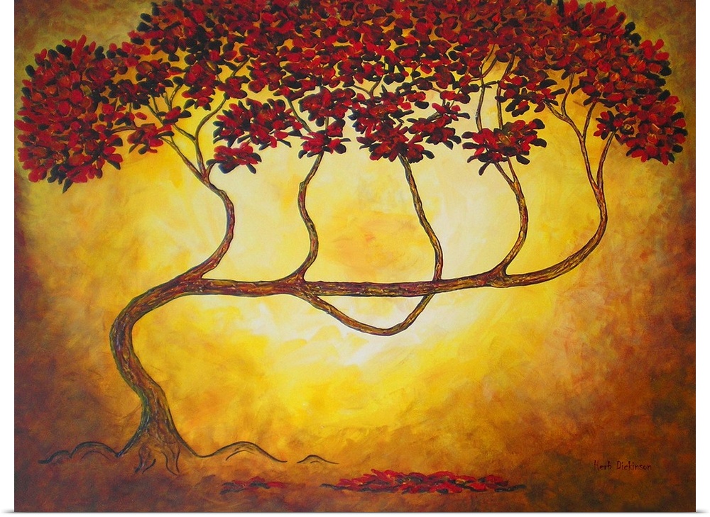 Contemporary painting of a bending tree with long, thin branches filled with red leaves on a golden background.