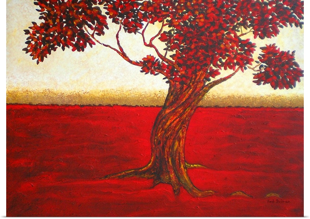 Contemporary painting of a single tree with red tones and red grass with a golden and white sky in the background.