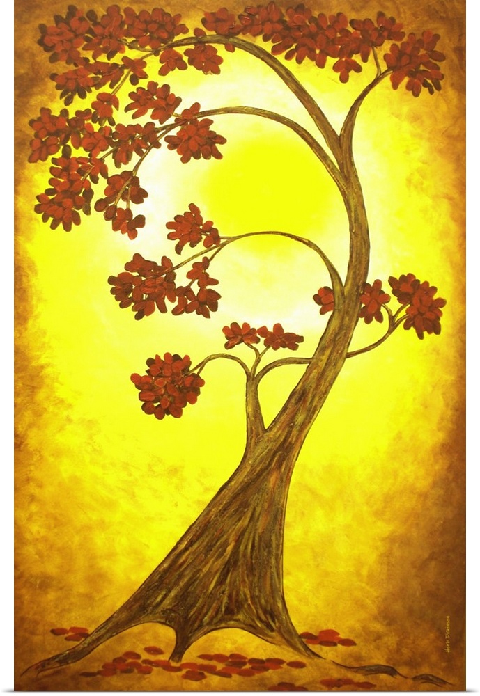 Painting of a single curved tree with red leaves on a bright yellow and orange background.