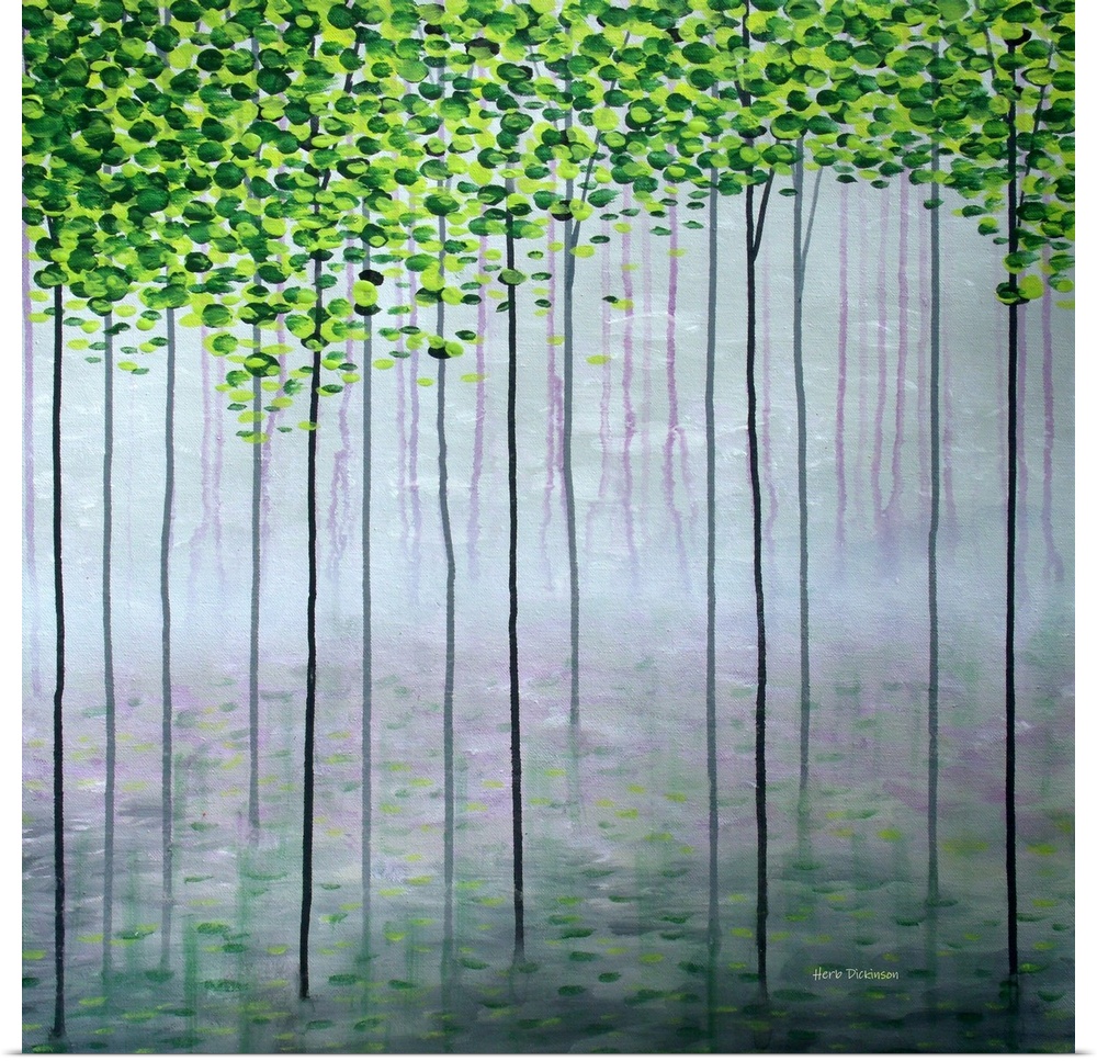 Square painting of tall, skinny trees with leaves in shades of green at the top.