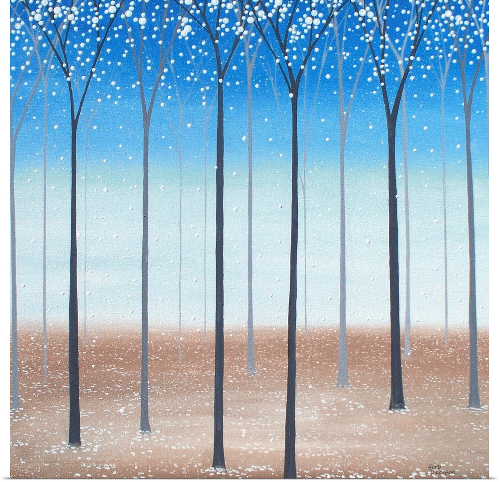 Square minimalist painting of tall, skinny trees with white blossoms falling to the ground.