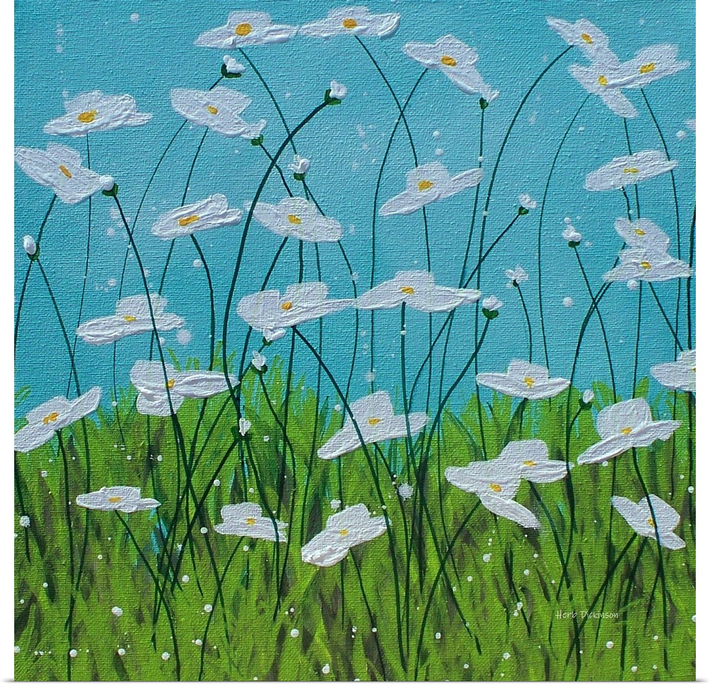 Square painting of white flowers with long, thin stems in tall grass with a blue sky in the background.