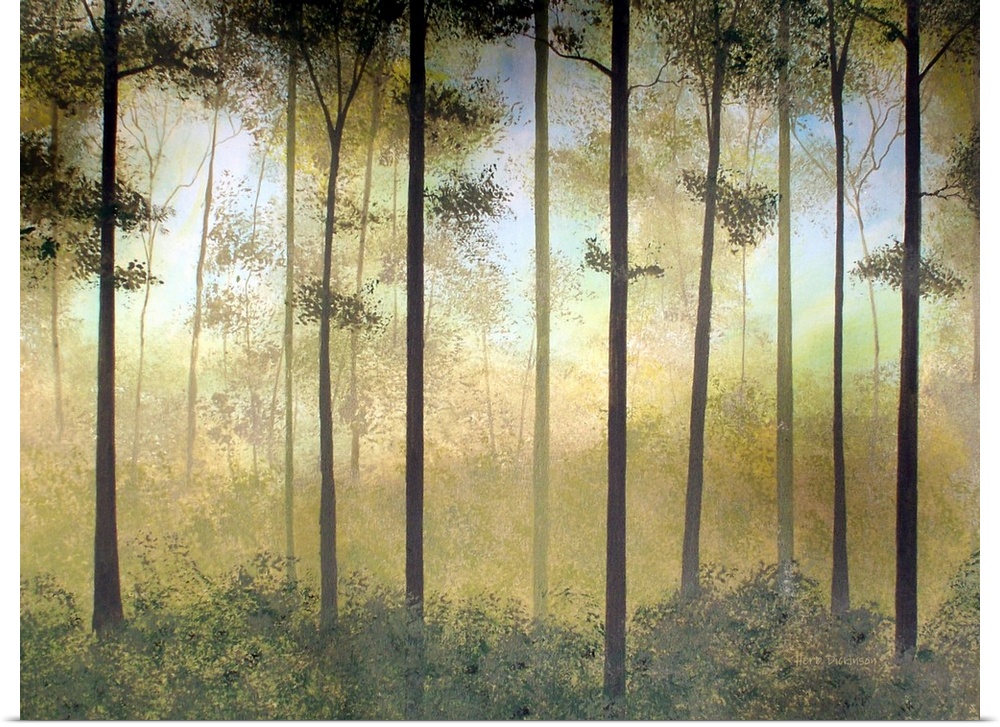 Contemporary painting of a peaceful forest in shades of green and gold with hints of blue in the sky.