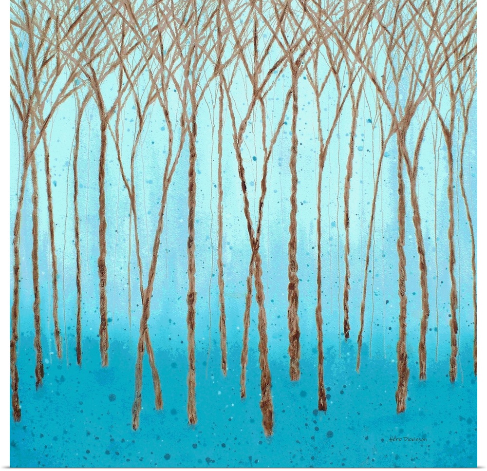 Brown Winter trees on a square background made with shades of blue and paint splatter.