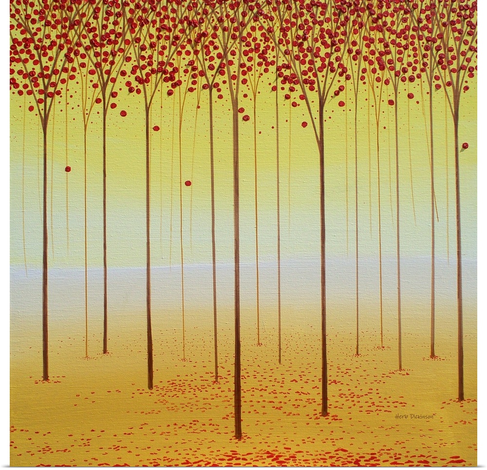 Square painting with warm tones of tall, skinny trees in rows with red leaves.