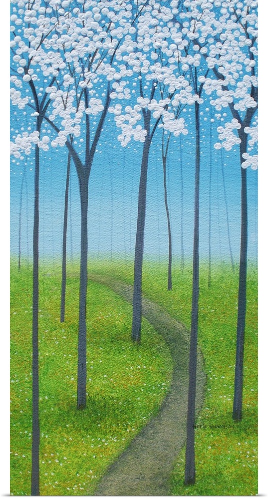 Panel painting with a curved path lined with tall trees and white blossoms.