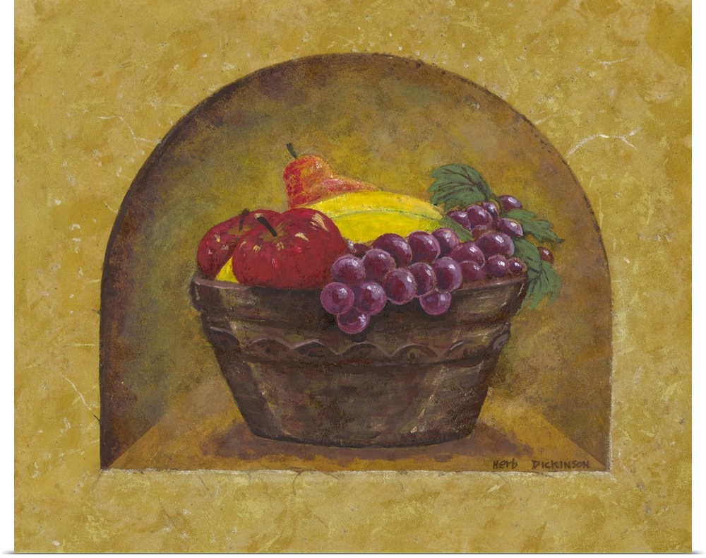Old world style painting of a bowl of fruit.