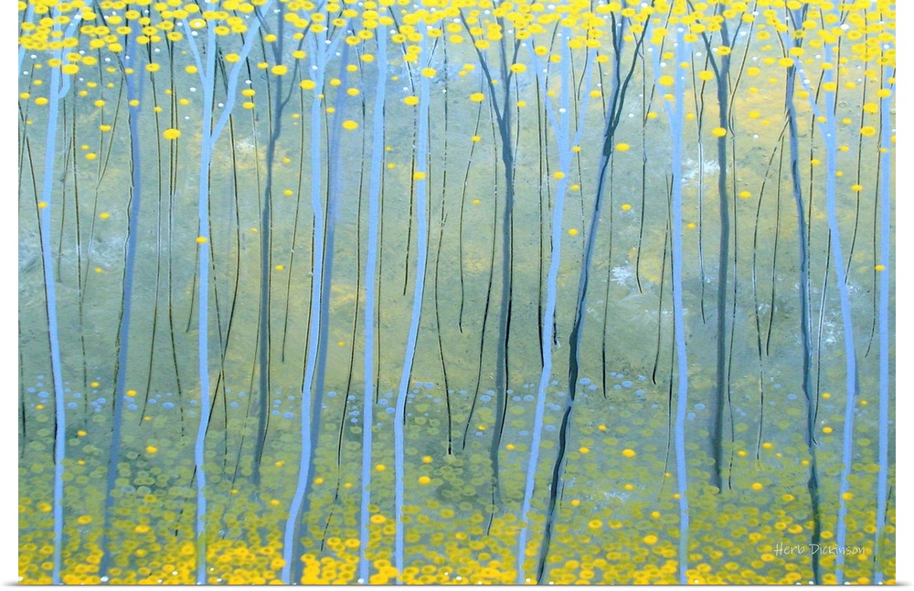 Contemporary painting of a Ginkgo forest in shades of blue and yellow.