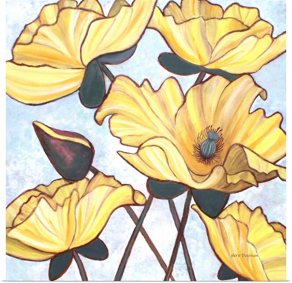 Square painting of yellow flowers on a light white, blue, and purple background.