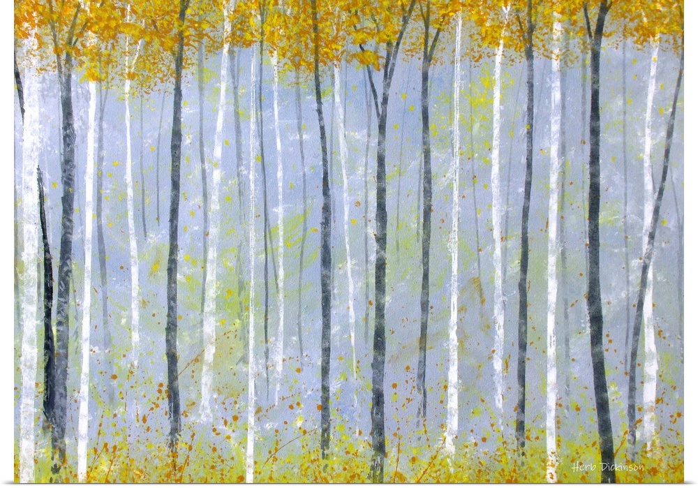Contemporary painting of gray and white tree trunks with yellow leaves falling from the tops of the trees to the ground.