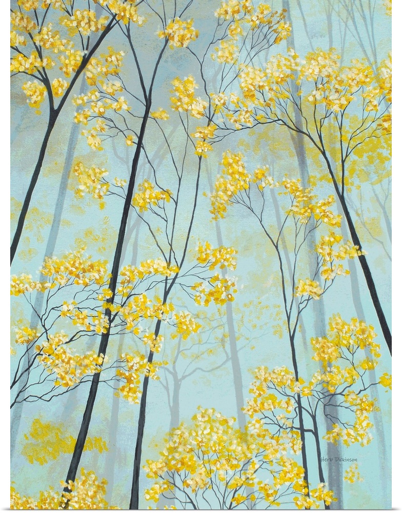 Vertical painting of golden tree tops.