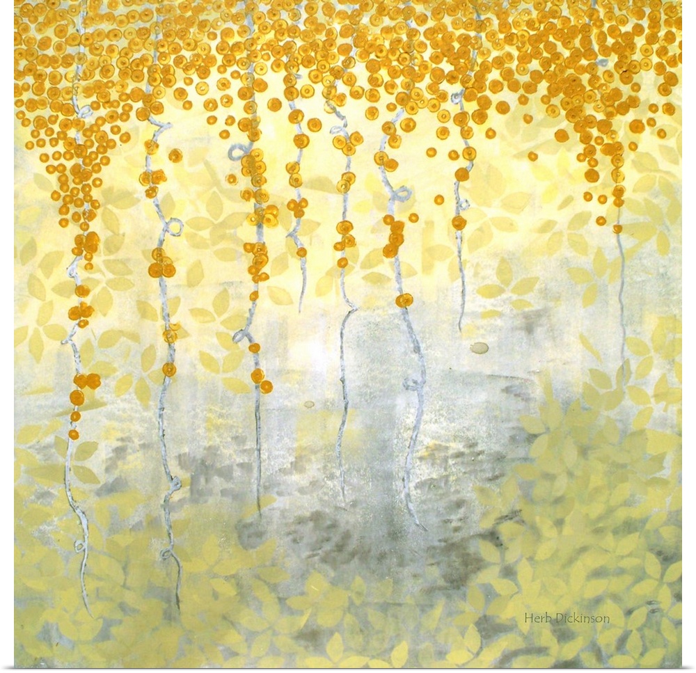 Impressionist abstract of vines and plants in shades of yellow and gray.