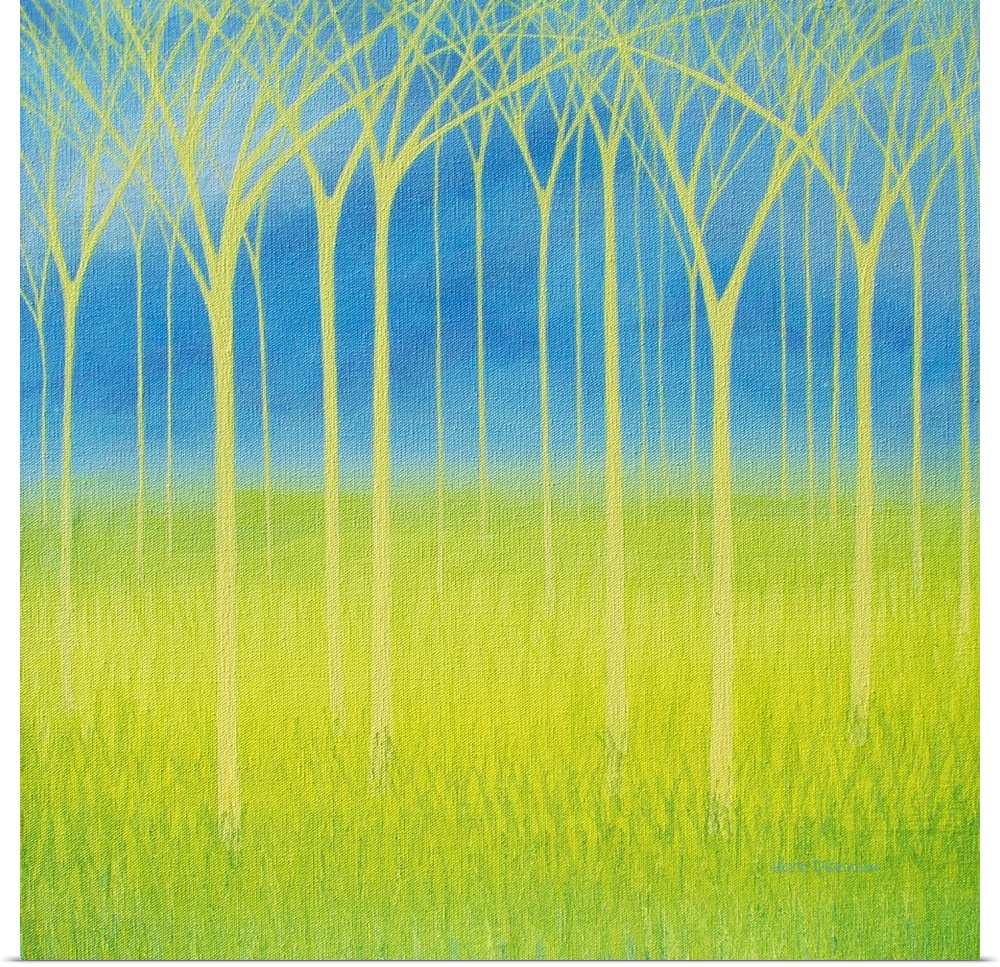 Painting of yellow trees on a blue and lime green background.