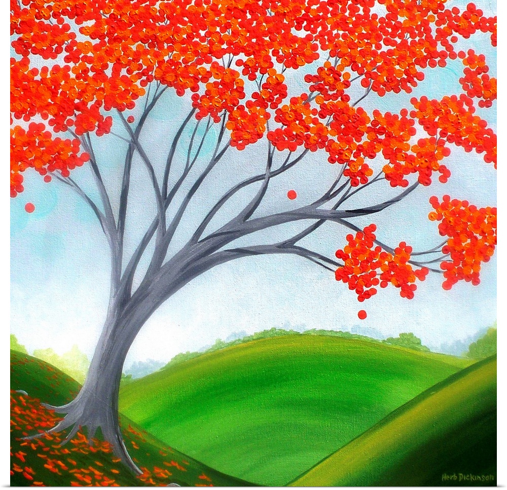 Contemporary square painting of a tree with red leaves on the side of a hill with rolling hills in the background.