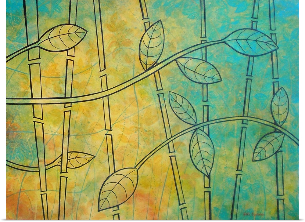 Illustrated leaves with long stems and bamboo sticks behind on an abstract yellow, blue, and orange background.
