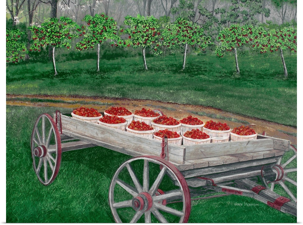 Contemporary painting of a wooden wagon filled with baskets of apples and apple trees in the background.